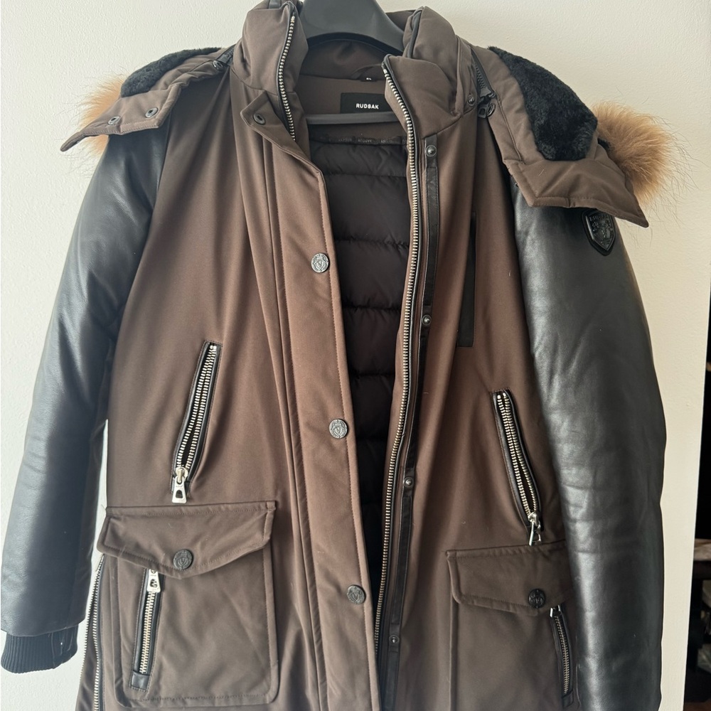 RUDSAK Brown Parka with Black Leather Sleeves
